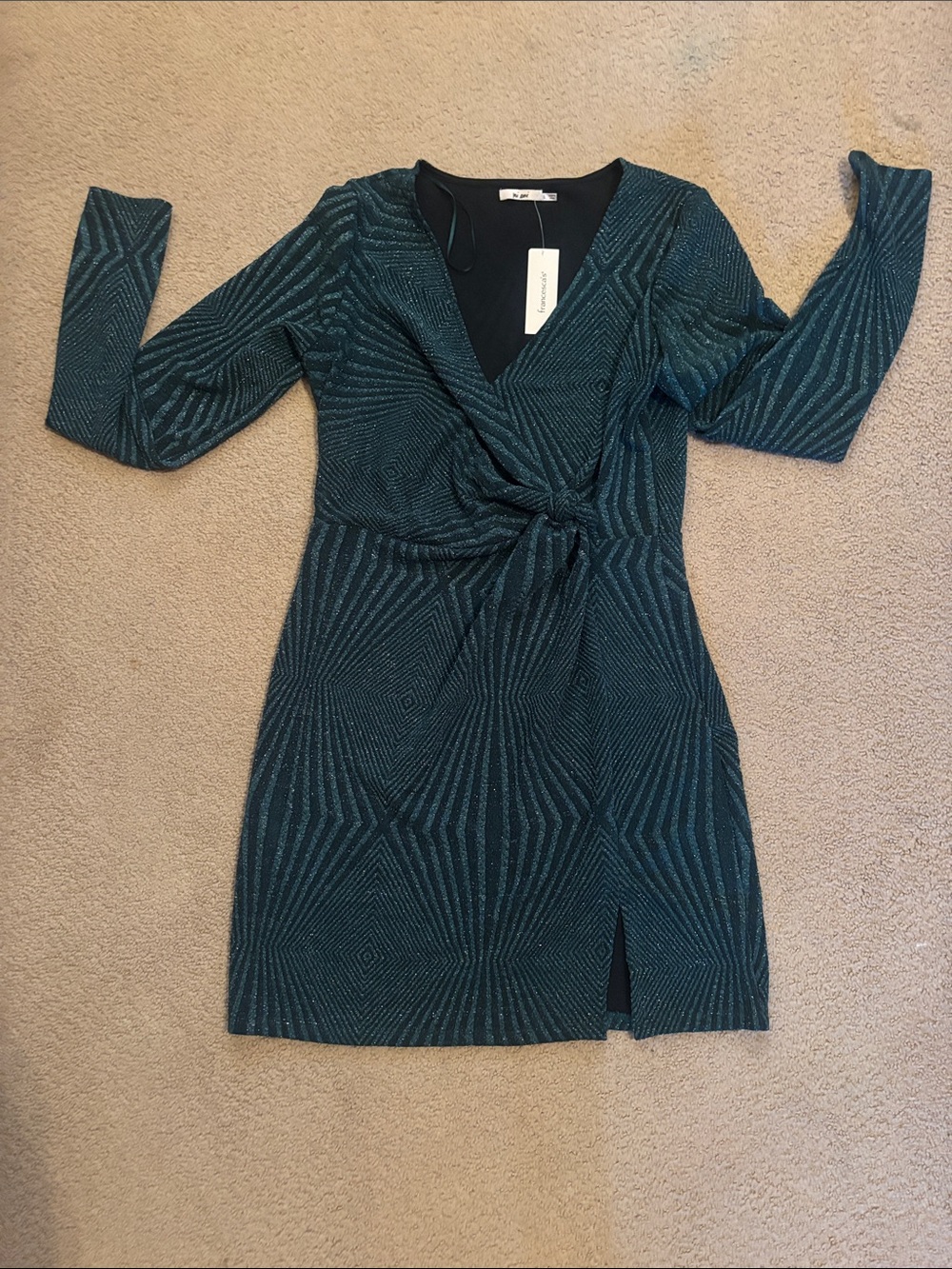 Francesca's Collections Teal Metallic Long-Sleeve Wrap Dress Large NWT